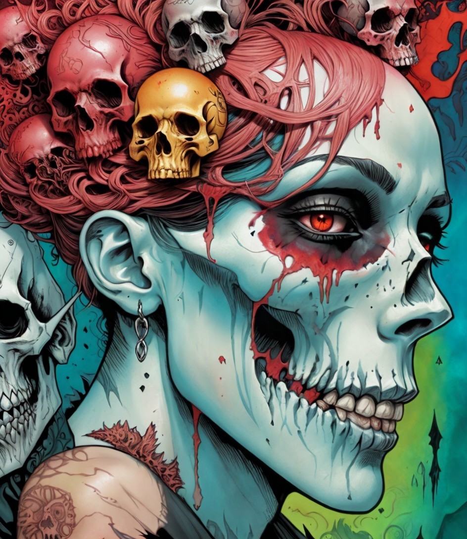 Stylized Female Skull with Vibrant Colors and Details