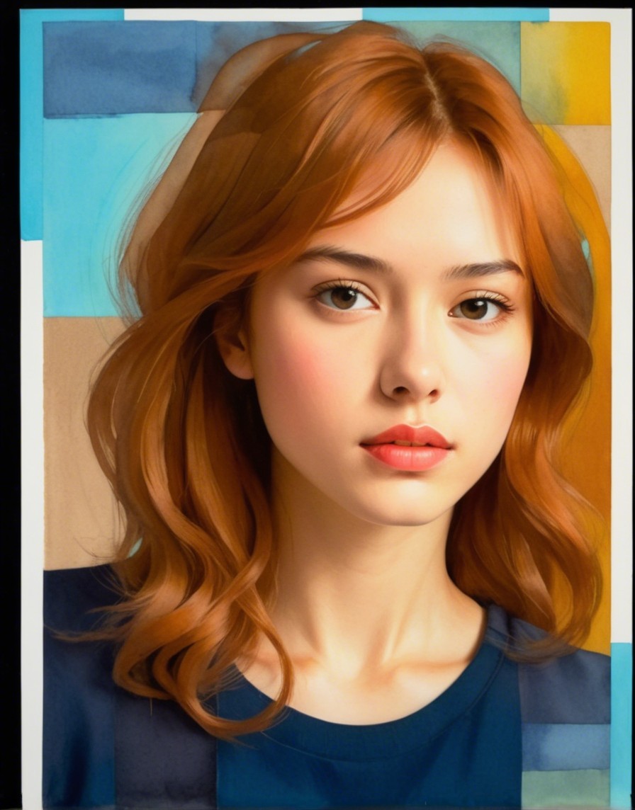 Young woman with wavy reddish-brown hair and navy shirt