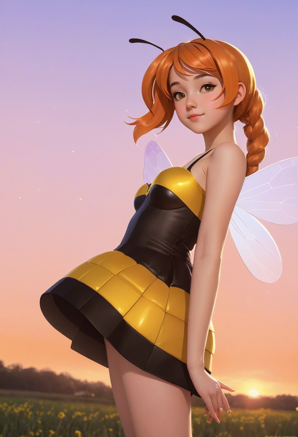 Stylized Young Woman Dressed as a Bee at Sunset