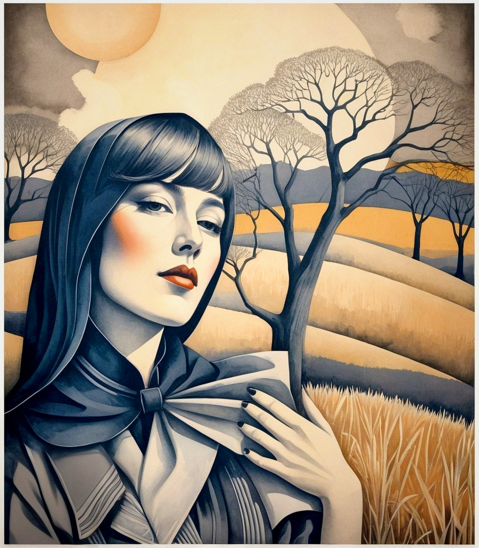 Stylized Woman in Cloak Against Serene Landscape