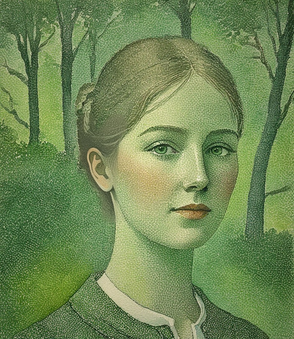 Young Woman in Soft Green Tones in Forest Setting