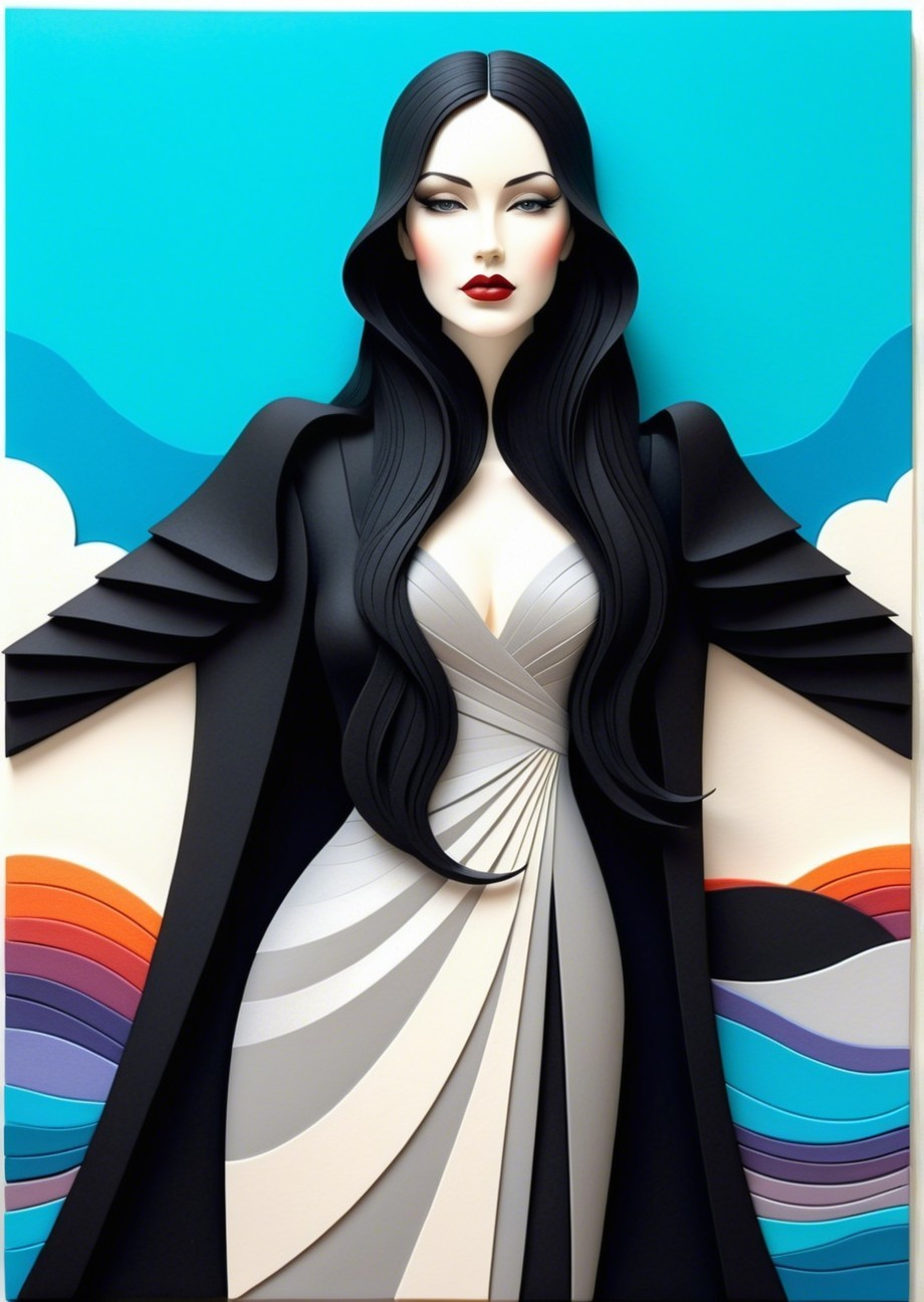 Stylized Woman in Elegant Gown with Vibrant Background