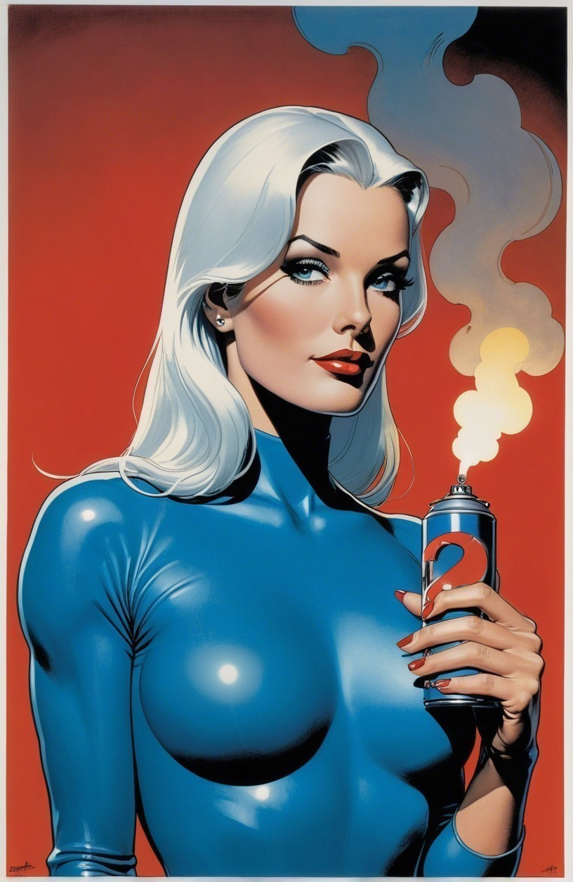 Female figure with white hair in blue outfit and smoke