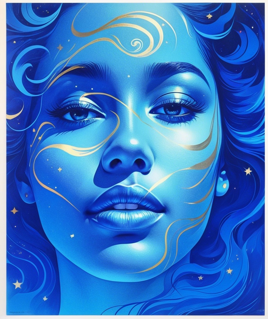 Portrait of a Woman in Blue with Cosmic Background