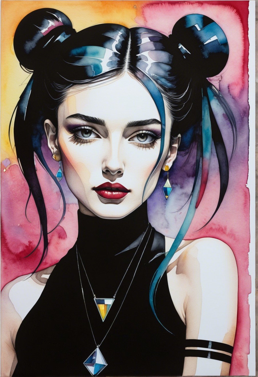 Portrait of a Young Woman with Bold Features and Colorful Background