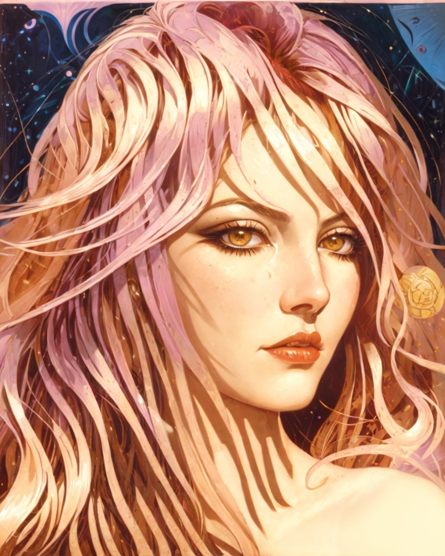Portrait of a woman with long pink hair and golden eyes