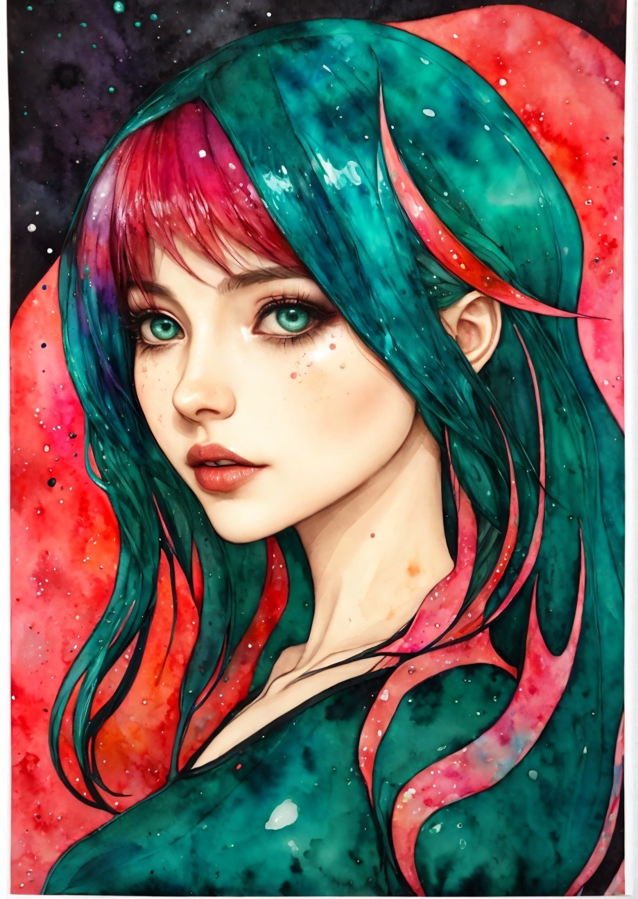 Whimsical watercolor portrait of a woman with vibrant hair