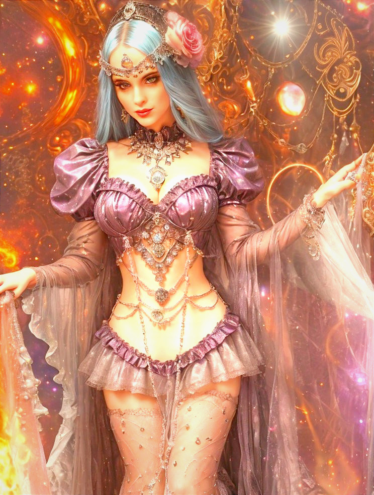 Stunning figure in purple costume with flowing blue hair