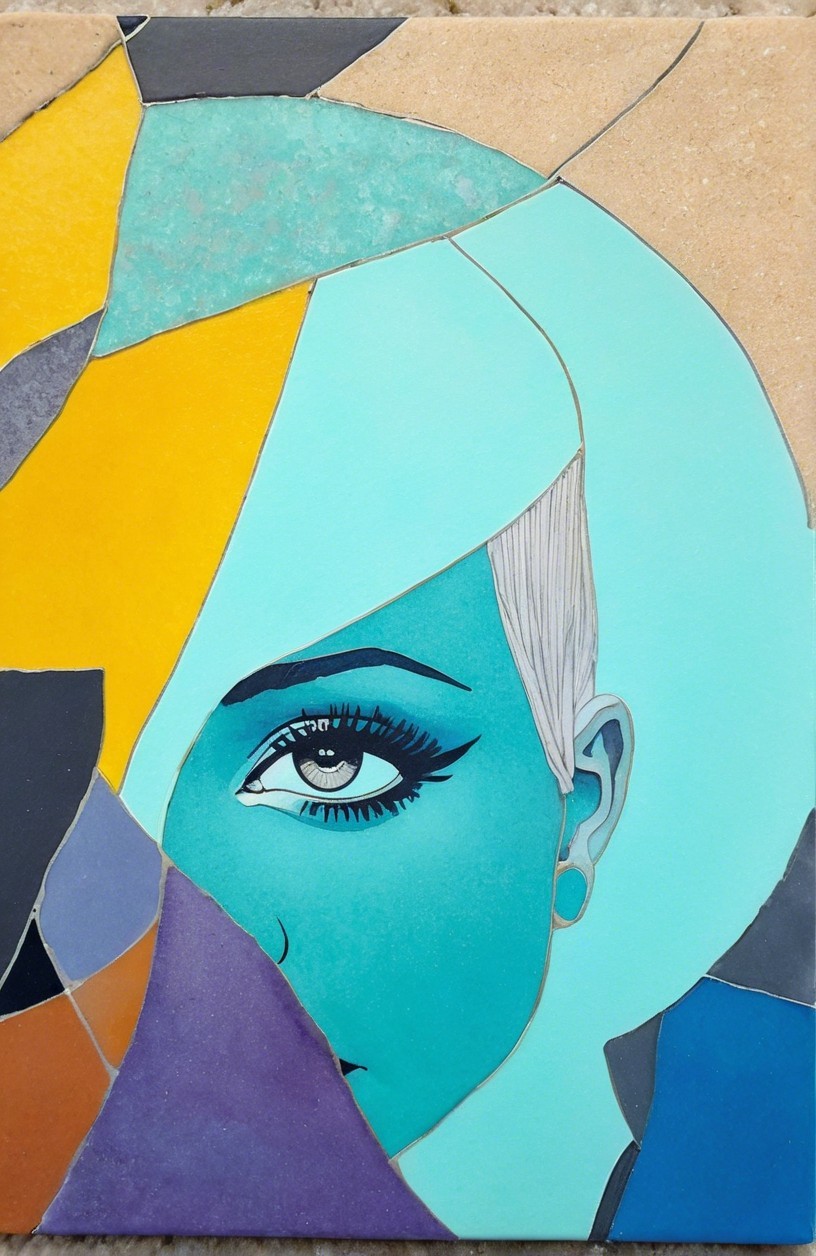 Stylized Face Artwork in Turquoise and Purple Shades
