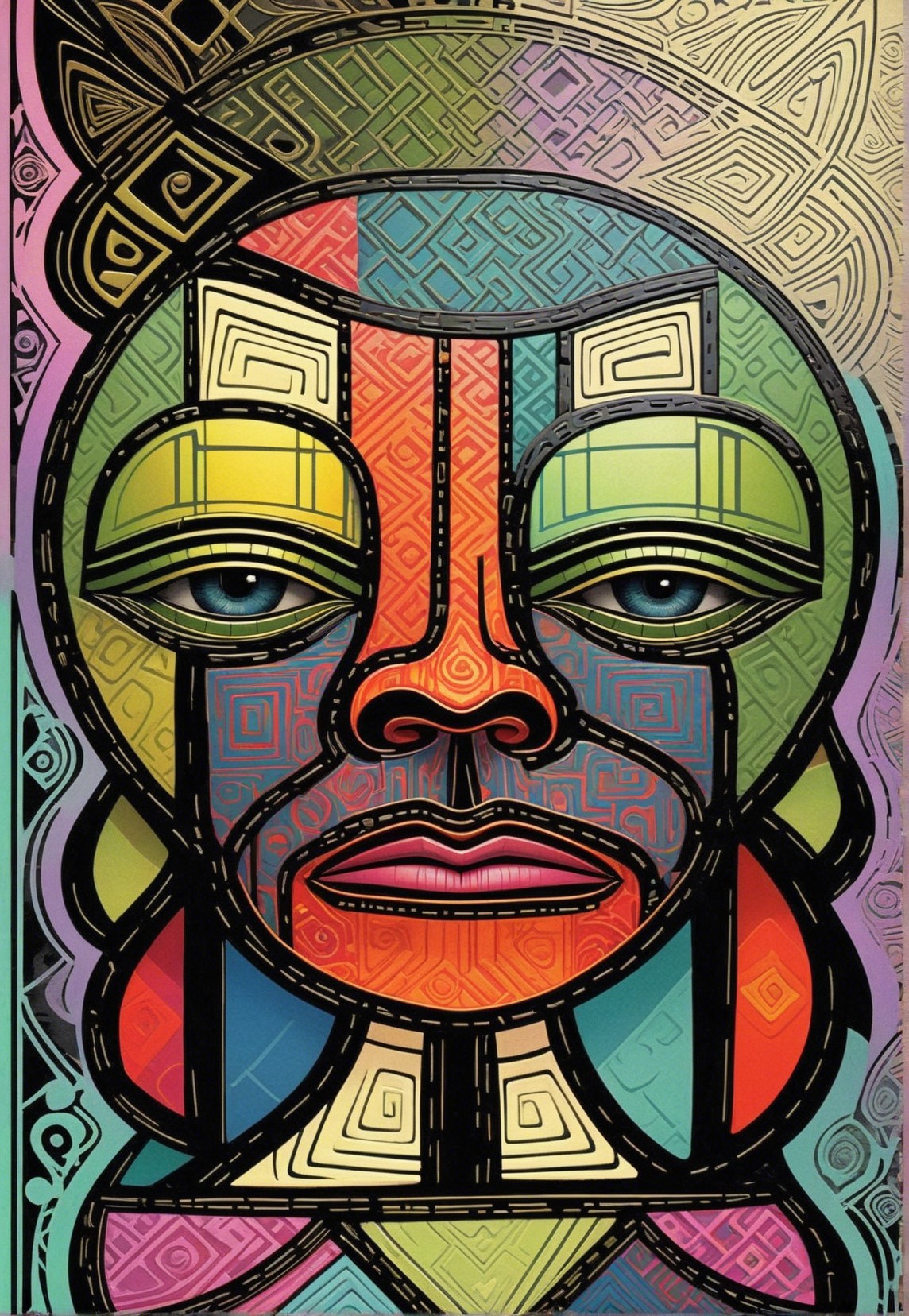 Cubist Illustration of a Face with Geometric Patterns