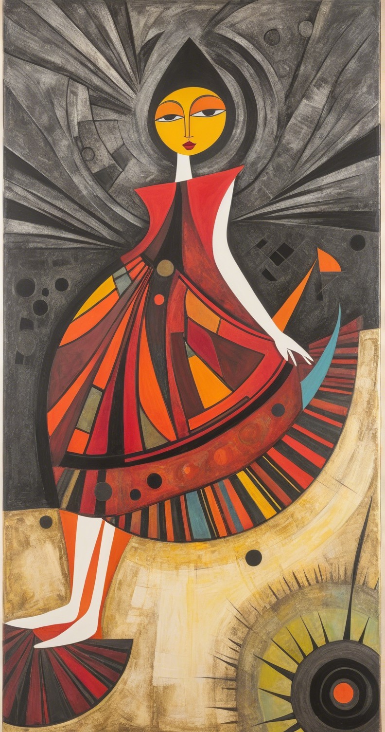 Stylized Figure in Red Dress with Abstract Background