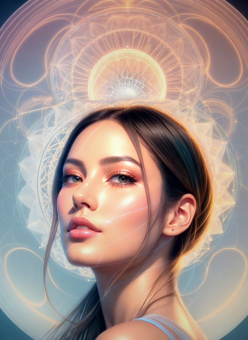 Close-up Portrait of a Young Woman with Mandala Background