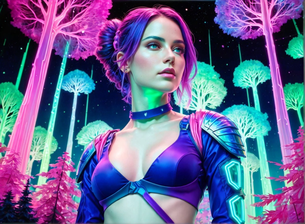Futuristic Figure in Neon Forest with Celestial Sky