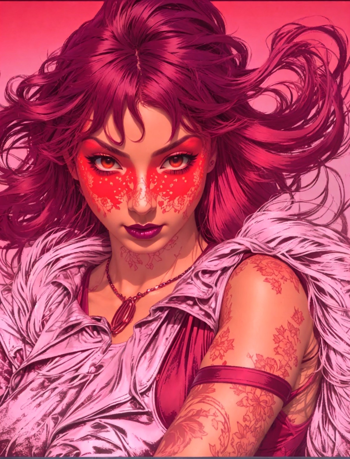 Portrait of a woman with magenta hair and bold makeup