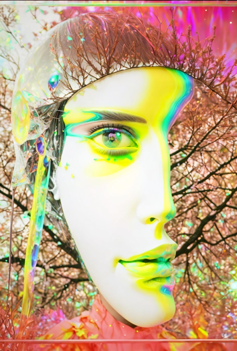 Futuristic Face with Iridescent Colors and Nature Backdrop