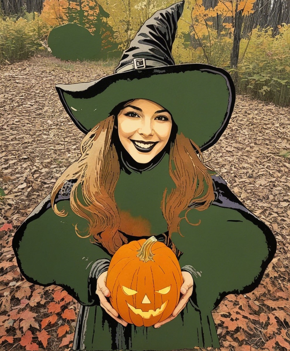 Cheerful witch with pumpkin on forest path in autumn