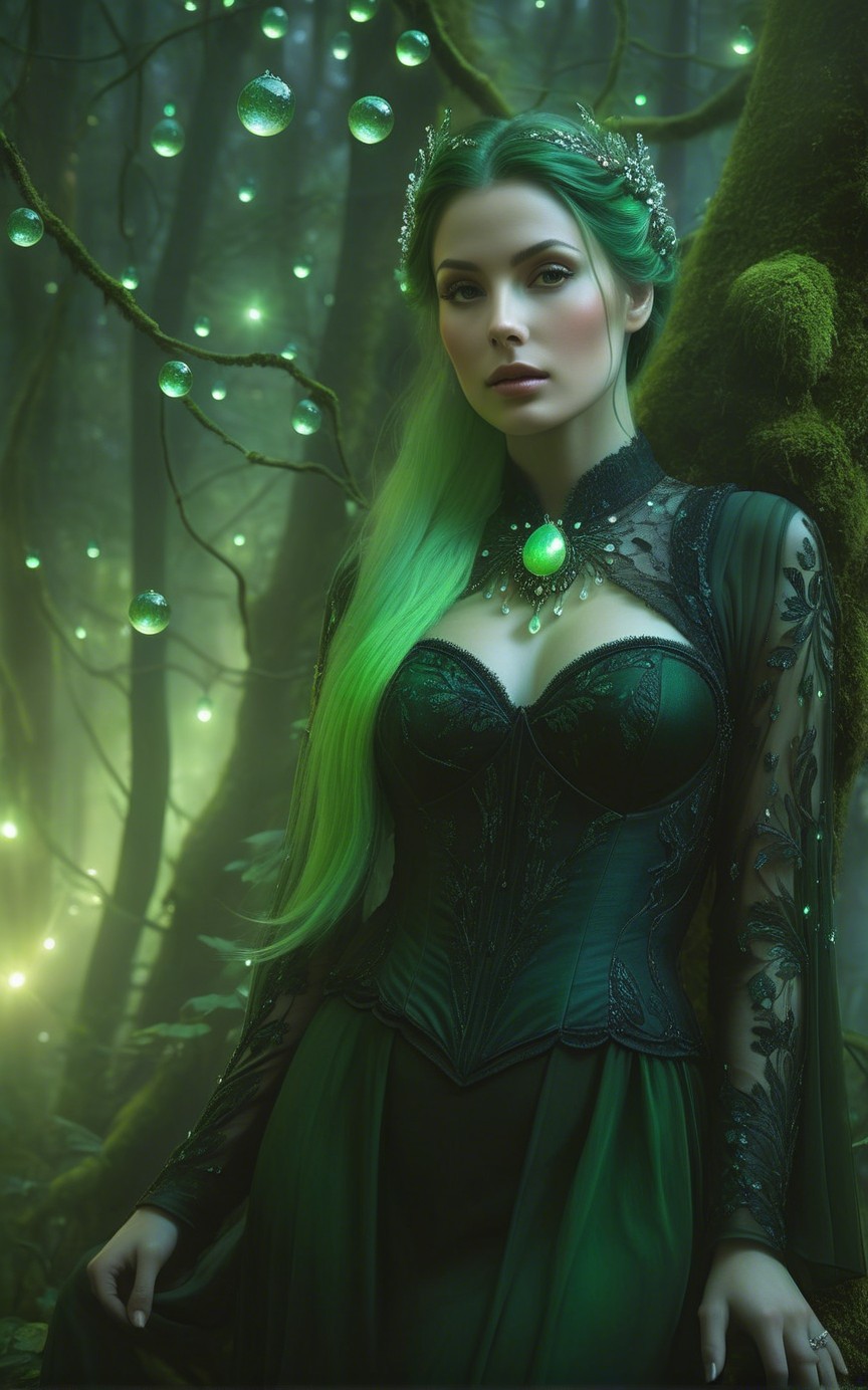 Mystical Figure in Enchanted Forest with Orbs