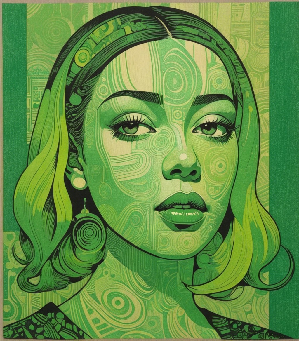 Female Portrait in Shades of Green with Patterns