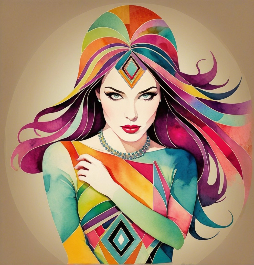 Vibrant Woman with Geometric Patterns and Colorful Hair
