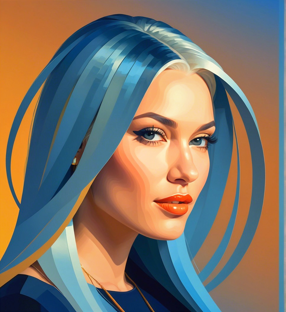 Portrait of a young woman with blue hair and orange accents