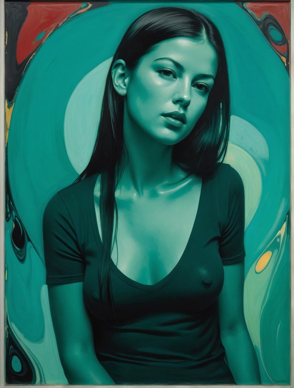Contemplative Woman Against Vibrant Green and Blue Background