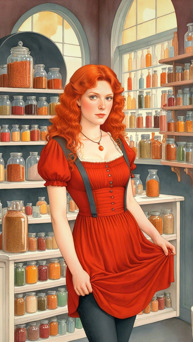 Young Woman in Red Dress at Cozy Spice Shop