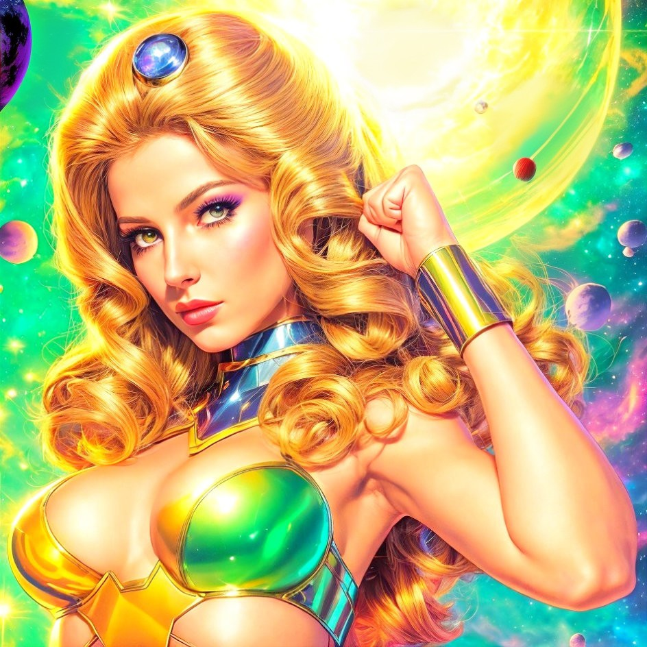 Heroic Female Figure in Futuristic Cosmic Setting