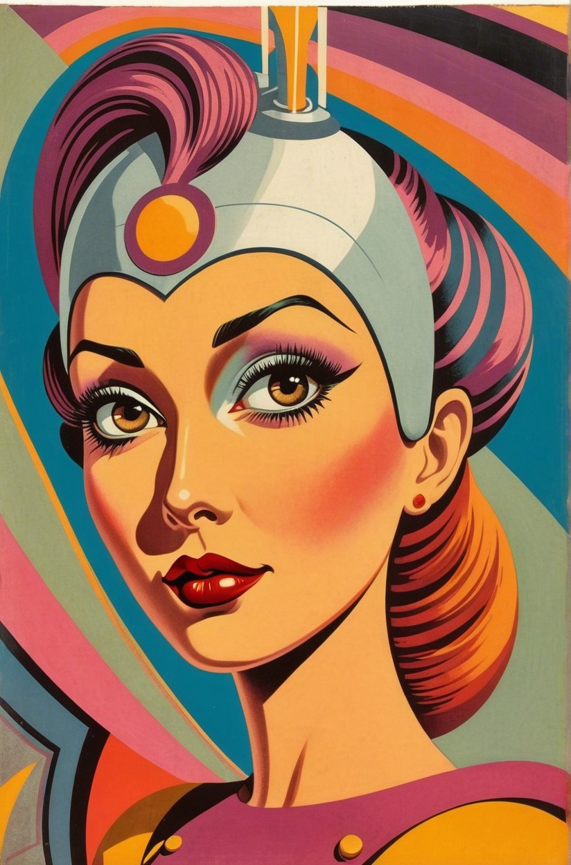 Vibrant Retro Portrait of a Woman in Futuristic Helmet