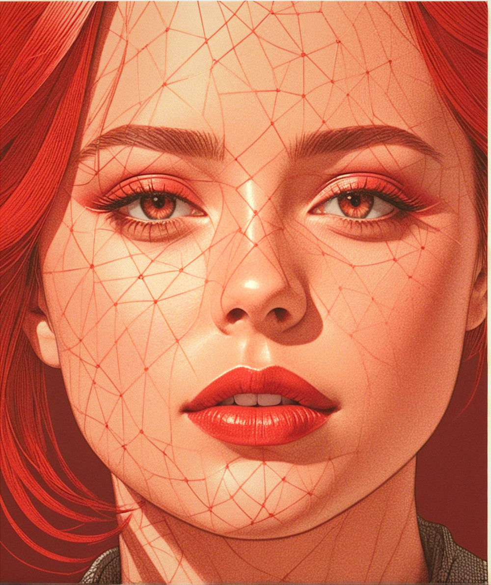 Close-up of a woman with red hair and geometric lines