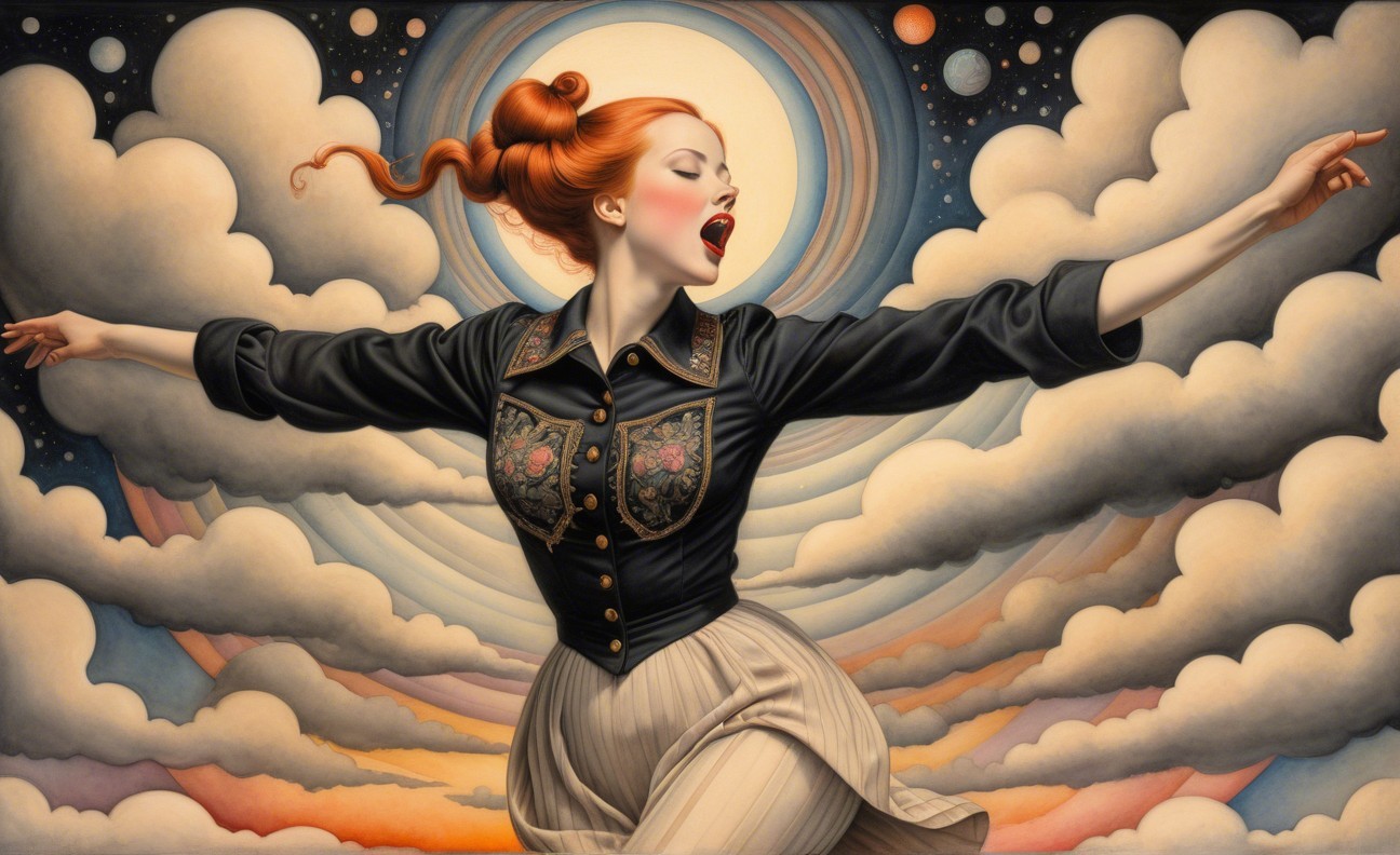 Stylized figure of a woman with red hair singing