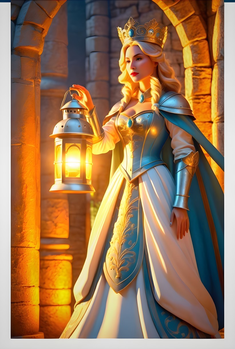 Regal figure in medieval archway with glowing lantern