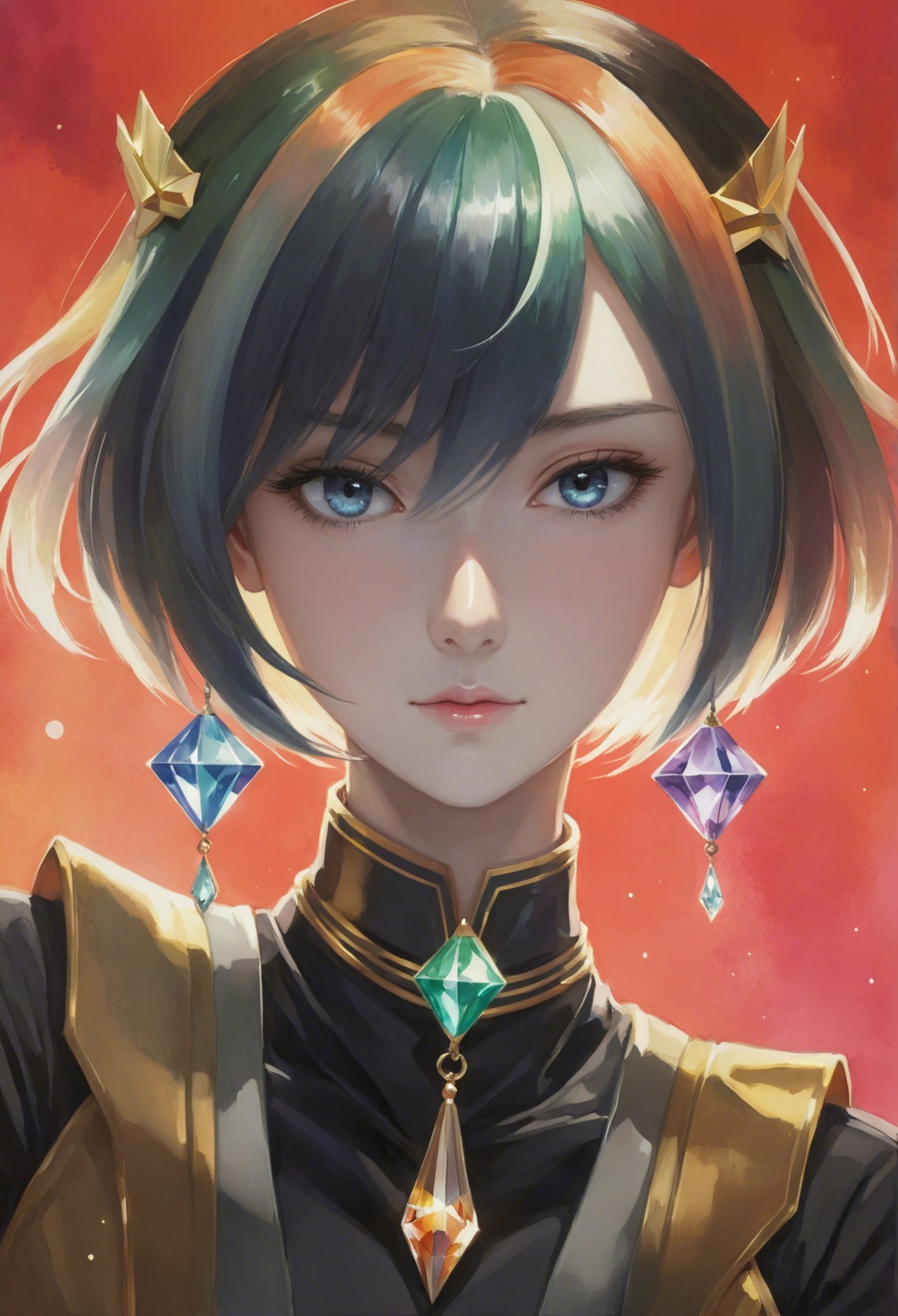 Anime-style woman with blue hair and glowing blue eyes