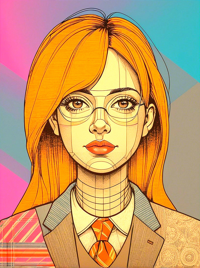 Stylized Illustration of Confident Woman with Orange Hair