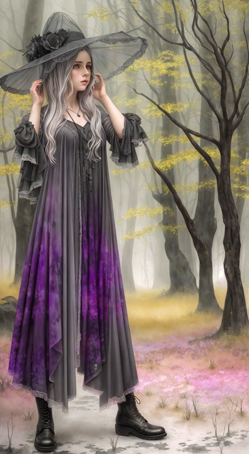 Young woman in misty forest with vibrant dress and hat