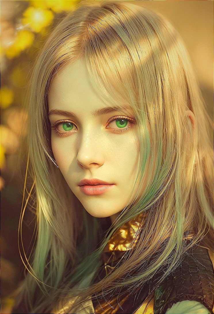 Young woman with green eyes and blonde hair in nature