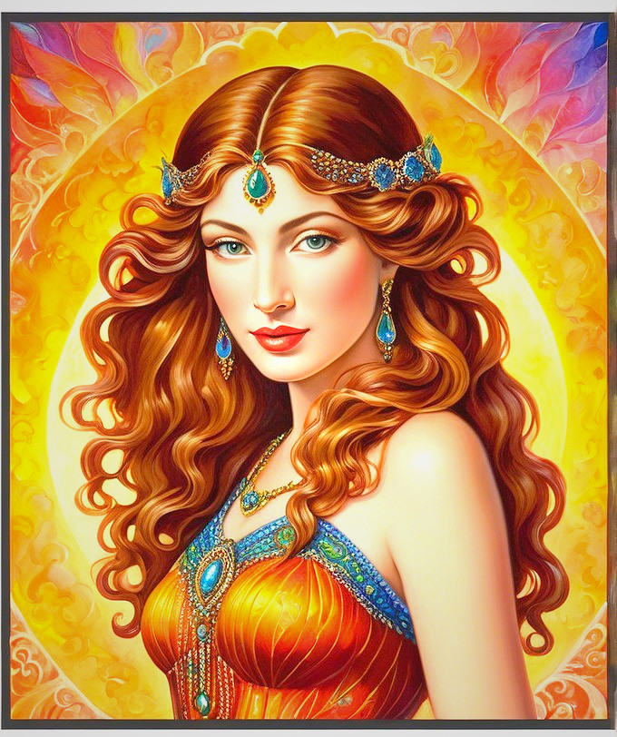 Captivating woman with curly hair and colorful attire