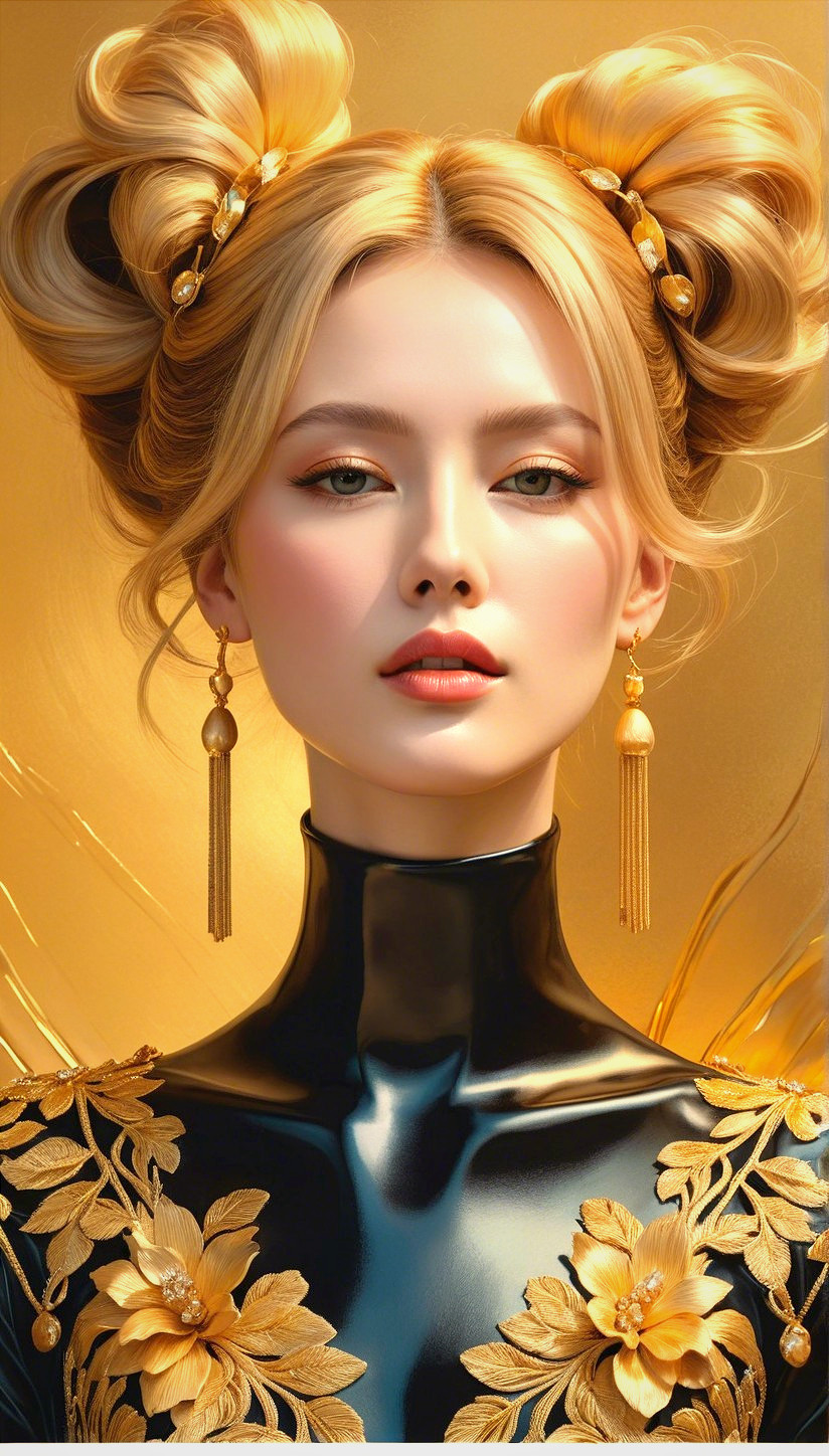 Elegant Portrait of Woman with Golden Hair and Outfit