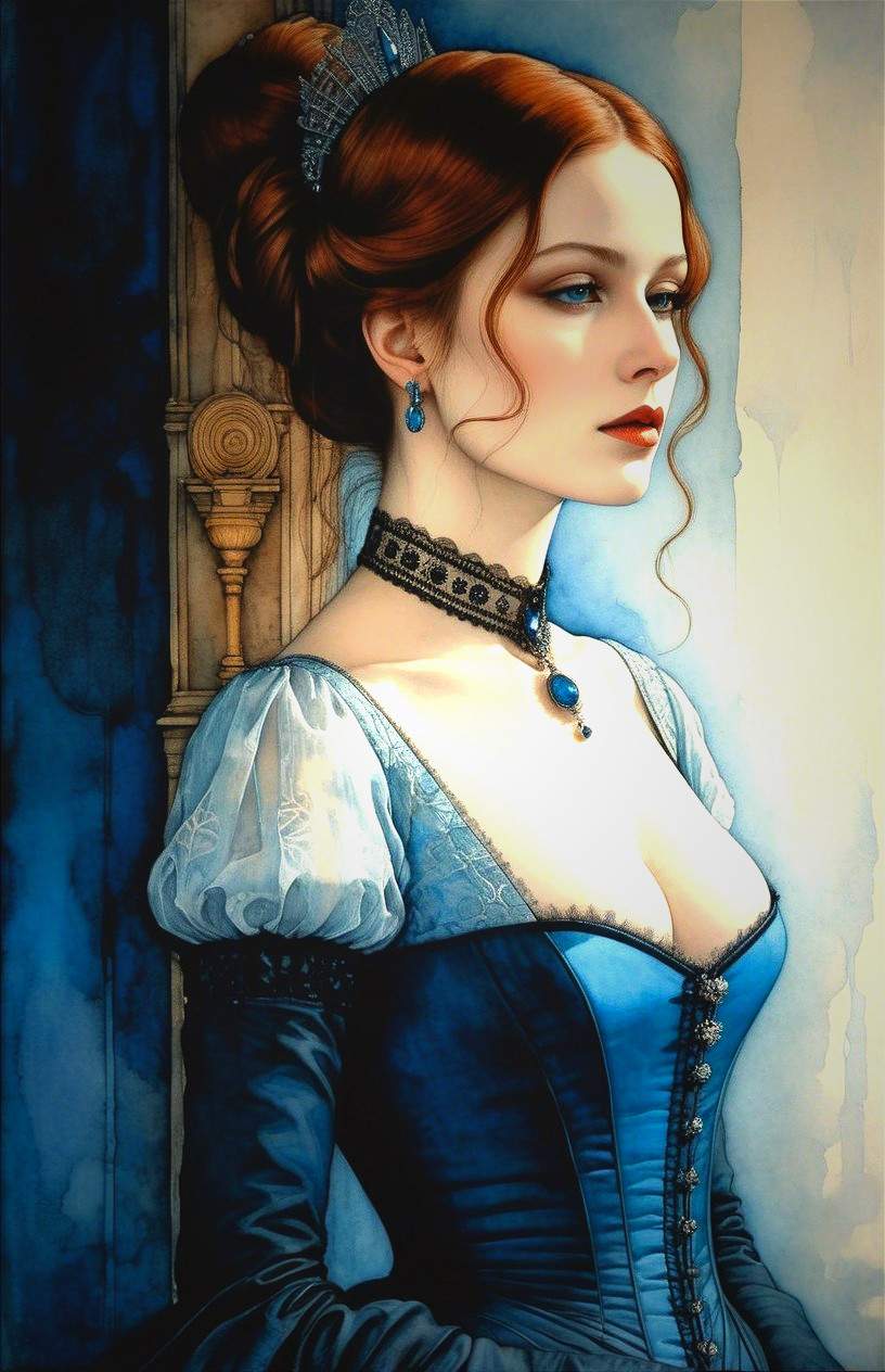 Regal Woman in Elegant Blue Gown and Auburn Hair