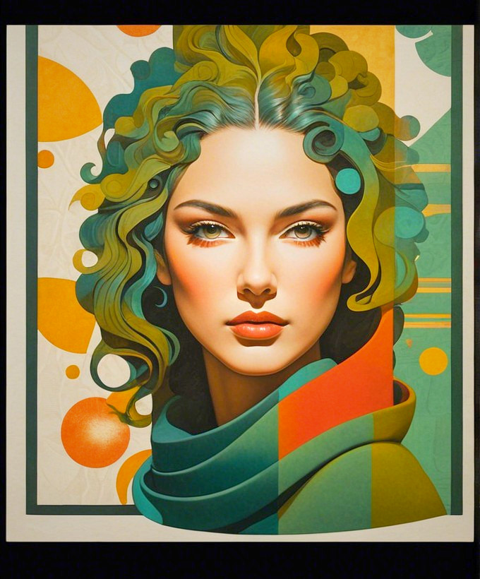 Stylized portrait of a woman with green curly hair