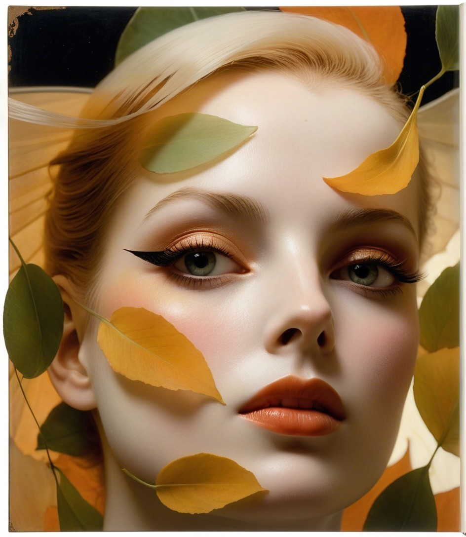 Close-Up Portrait of Model with Green Eyes and Leaves
