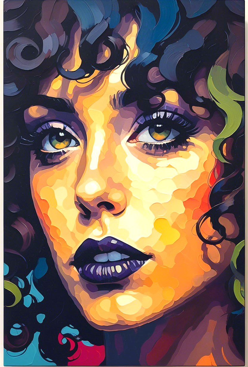 Vibrant Portrait of a Woman with Curly Hair and Bold Colors