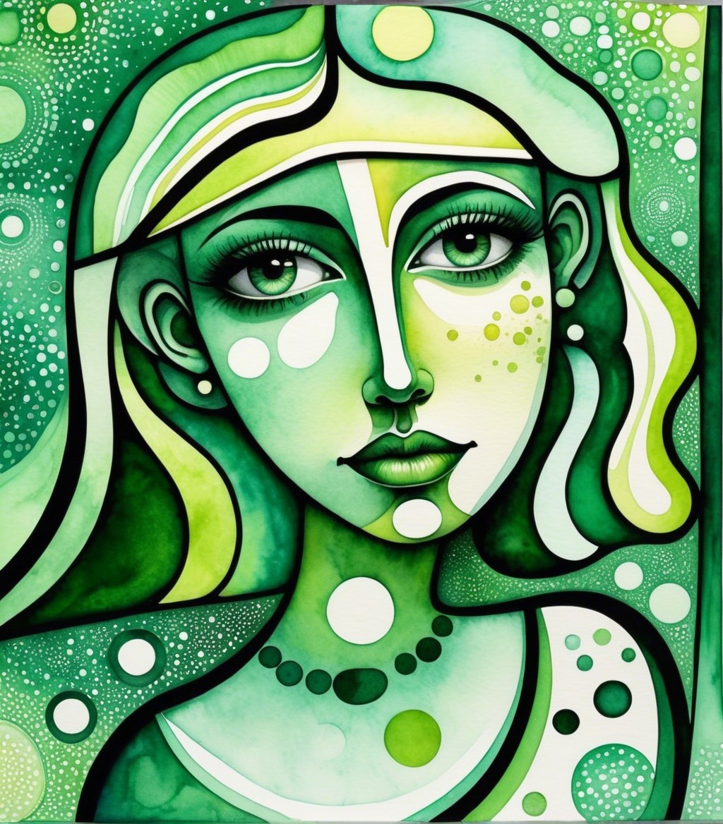 Stylized portrait of a woman with green hair and patterns