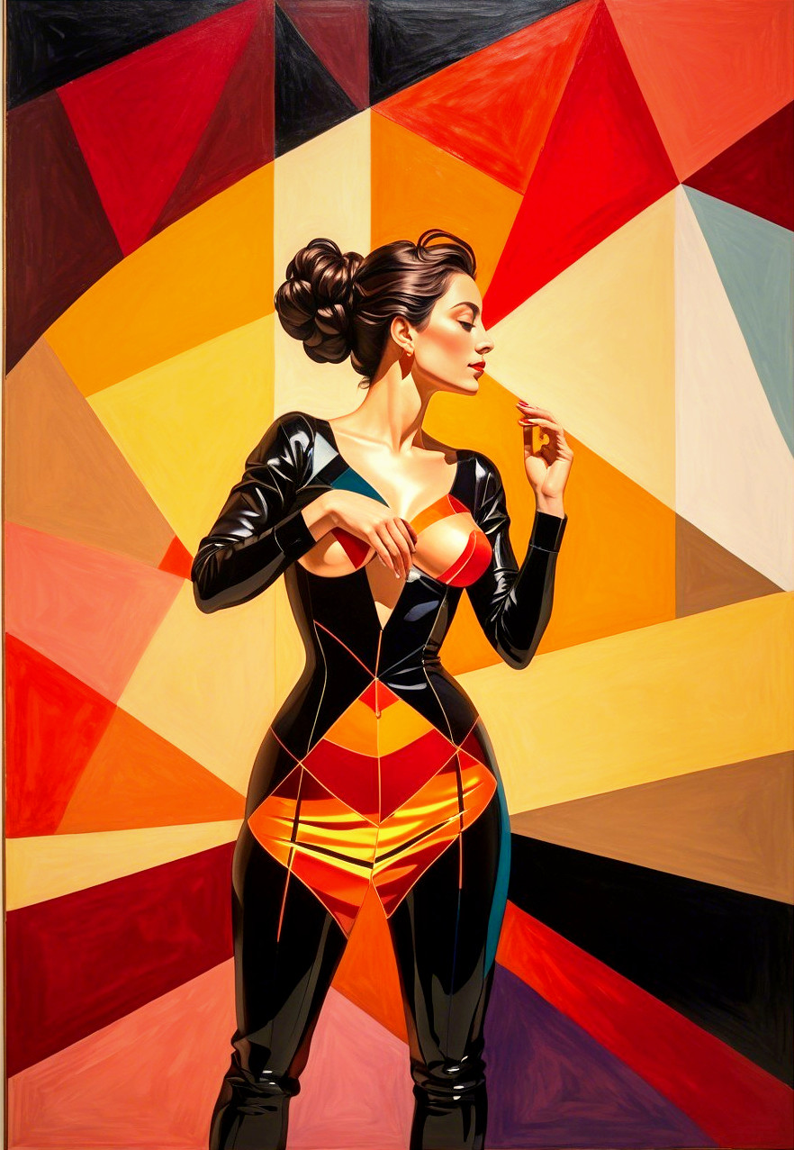 Painting of a Woman in Black Bodysuit with Geometric Background