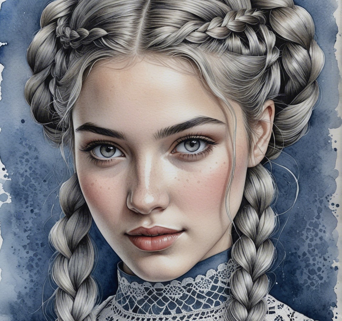 Portrait of a Young Girl with Silver Hair and Blue Eyes
