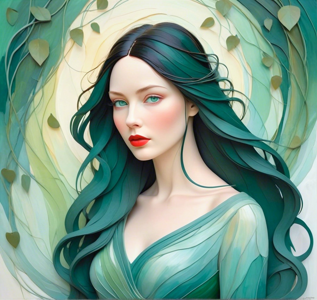 Serene woman with emerald hair in tranquil nature setting