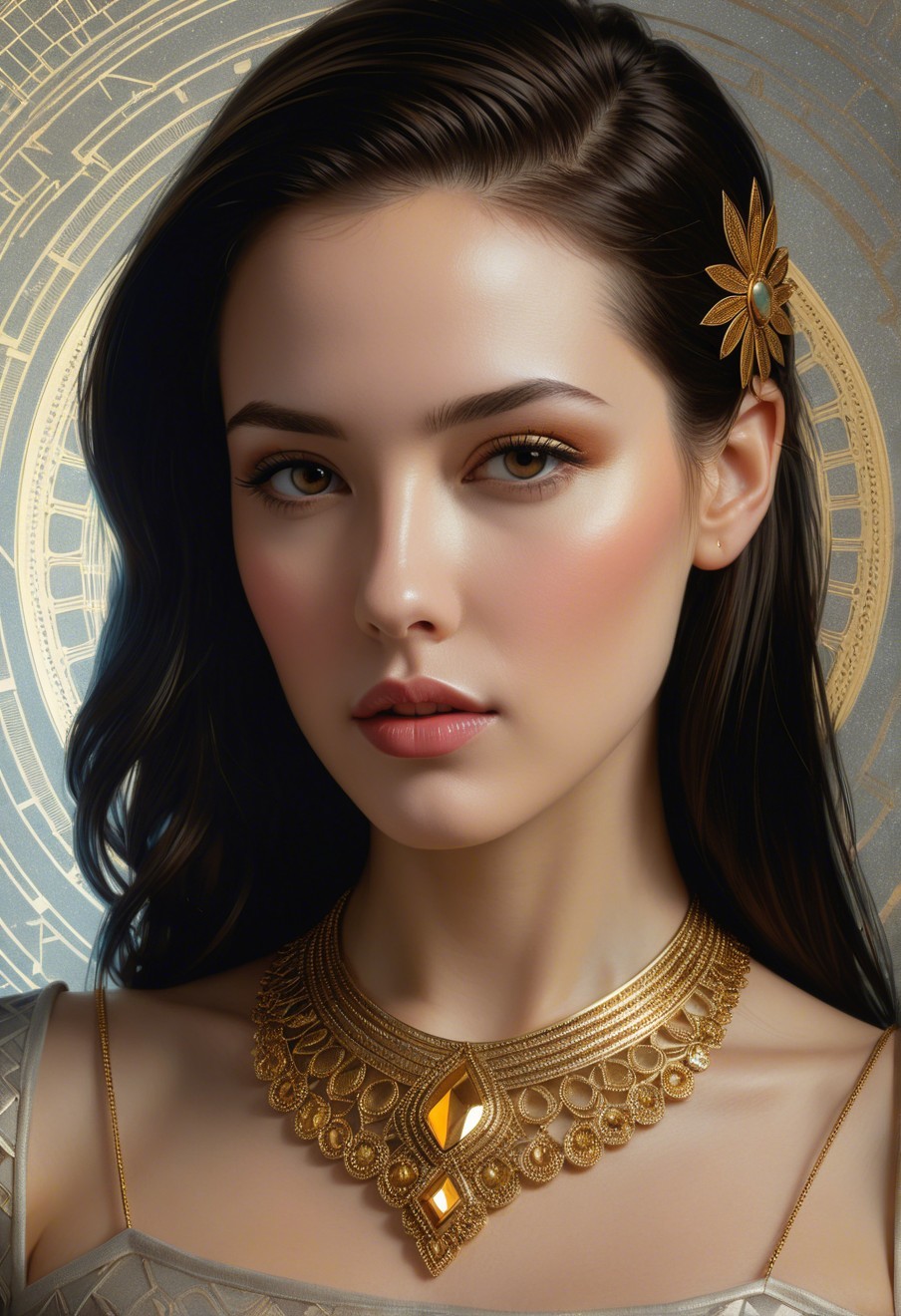 Young woman with serene expression and floral hairpin