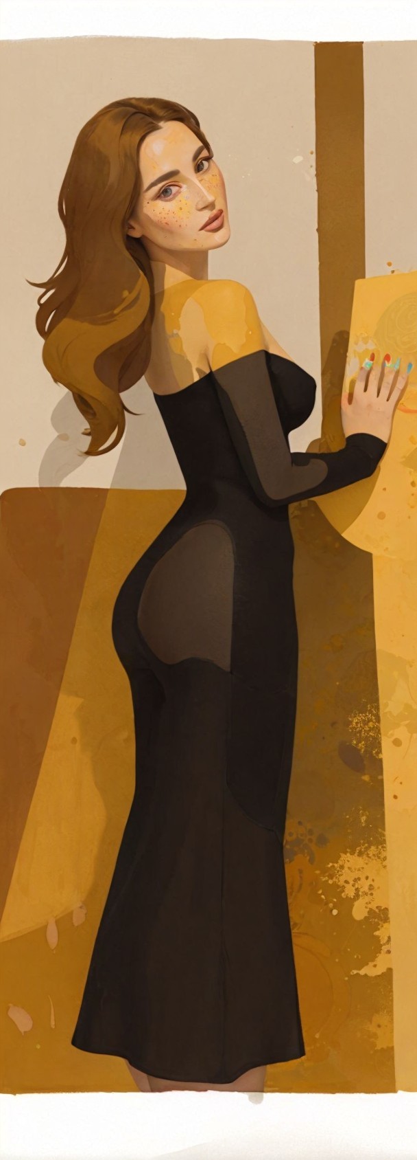 Stylized Woman in Black Dress with Sheer Elements