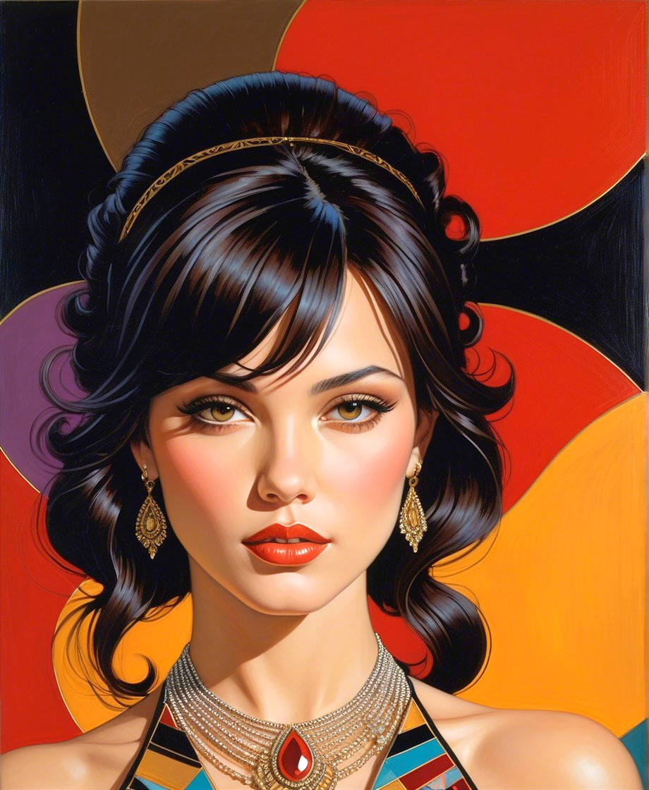 Portrait of a Woman with Dark Hair and Red Gemstone Necklace