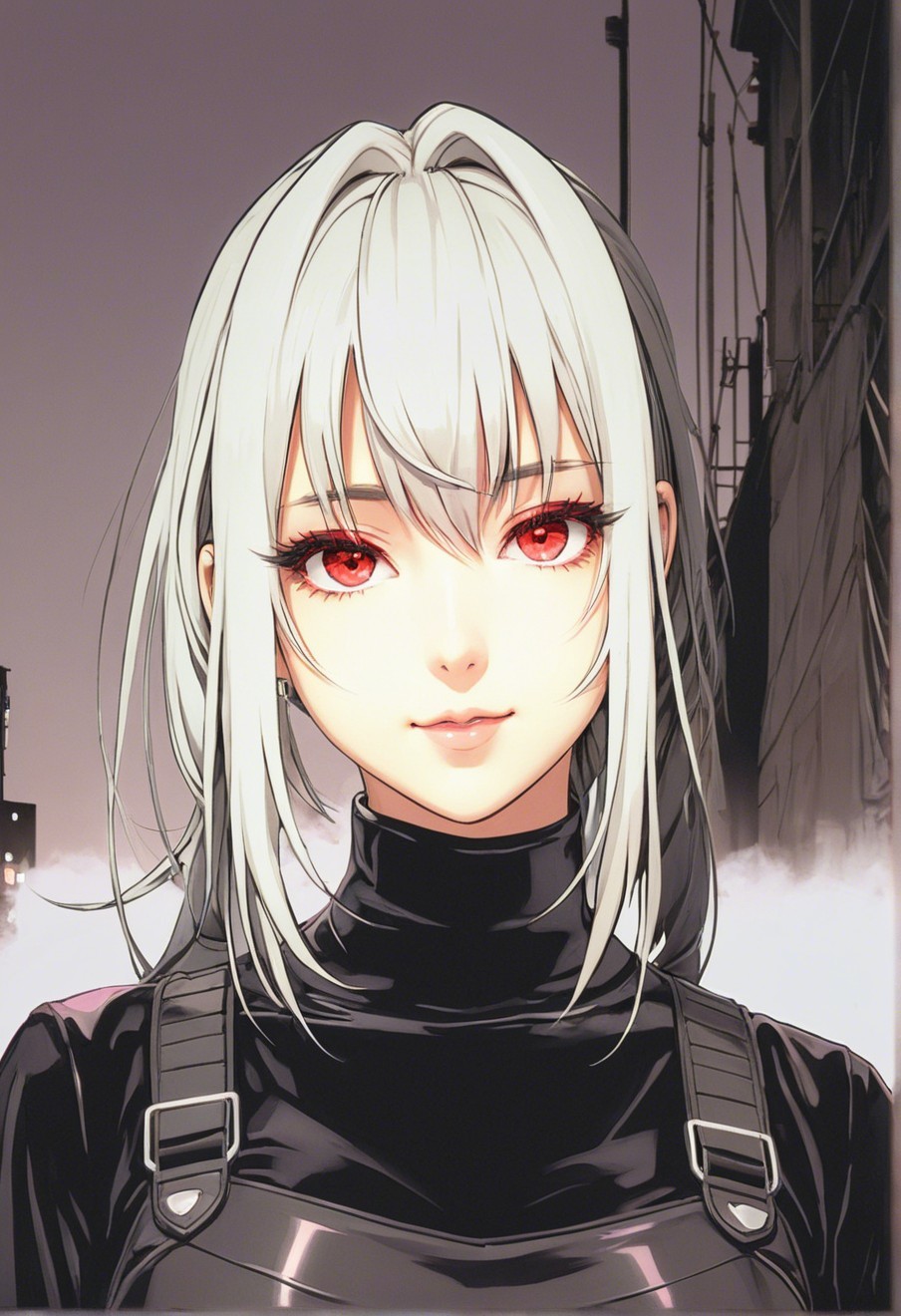 Anime-style woman with red eyes and two-toned hair