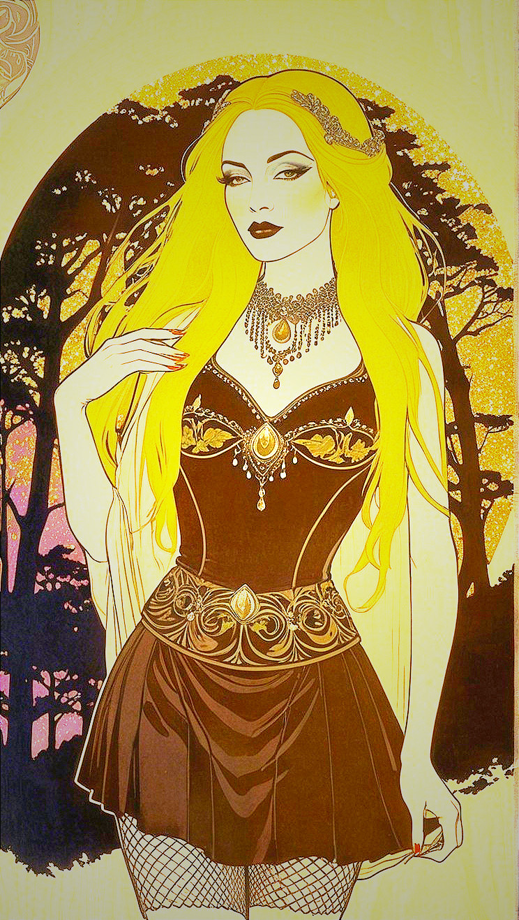 Illustration of a Woman in Dark Outfit with Gold Accents